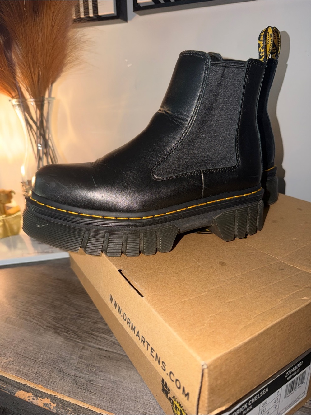 Dr. Martens Black Leather Platform Chelsea Boots with Yellow Stitching - Picture 5 of 11
